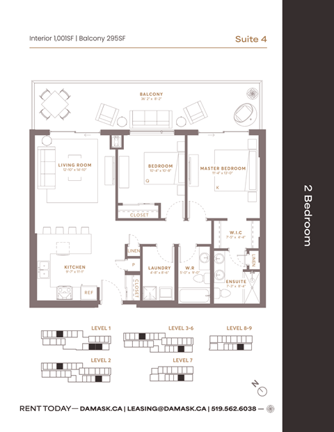 Floor plan for 2 beds, 2 baths, 1001 sqft